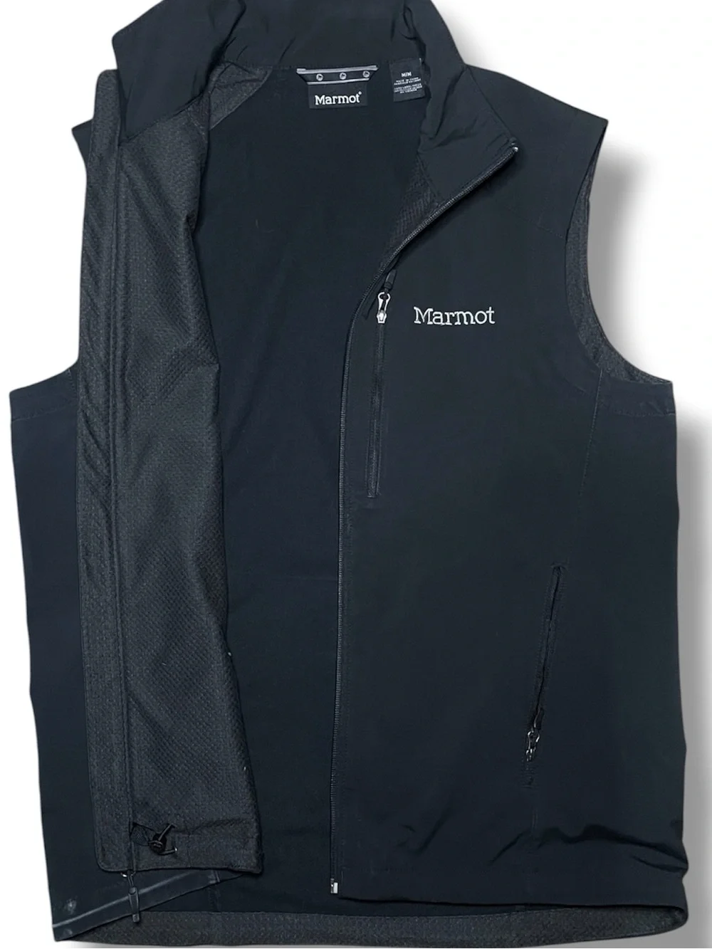MARMOT Softshell Vest Mens Medium Black Full Zip Pockets Outdoor Hiking Camping